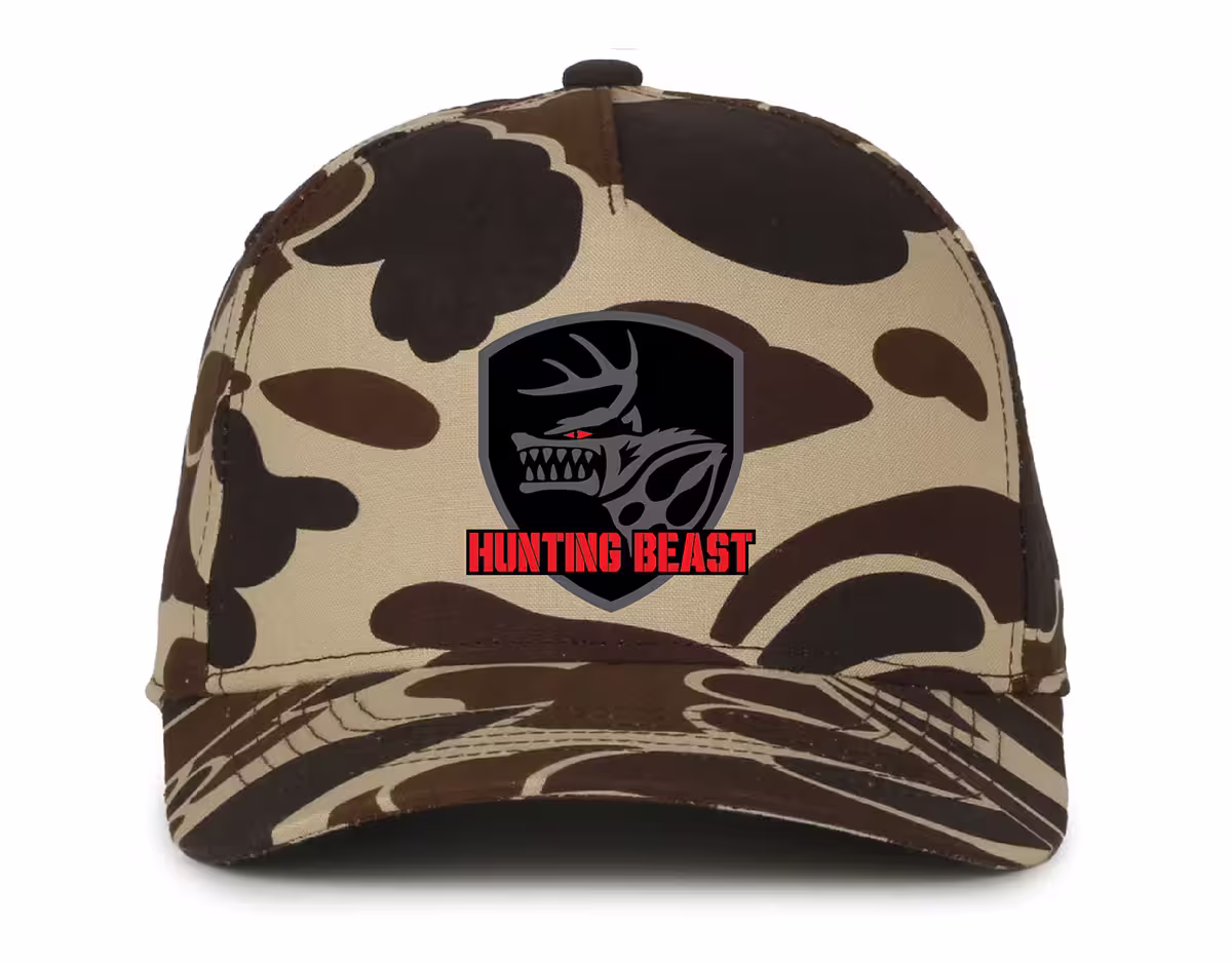 Hunting Beast Waterfowl camo hat front with logo